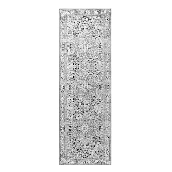 SUPERIOR Elodi Charcoal 2 ft. 6 in. x 7 ft. 6 in. Geometric Floral Medallion Indoor Runner Rug