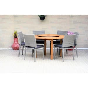 Alford 7-Piece Wood Round Outdoor Dining Set with Gray Cushions