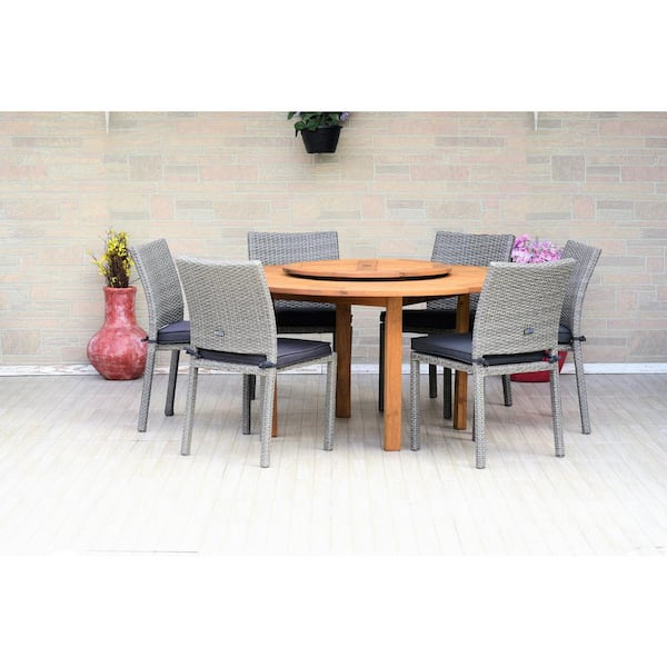 Amazonia Alford 7-Piece Wood Round Outdoor Dining Set with Gray Cushions