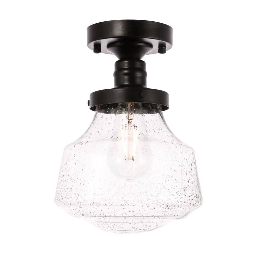 Timless Home 8 in. 1-Light Industrial Black and Clear Seeded Glass Flush Mo