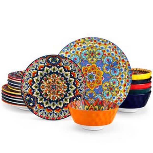 18-Piece Multi-colored Porcelain Dinnerware Set (Service for 6) Bowls and Plates Set Bohemian Style Dinner Service Set
