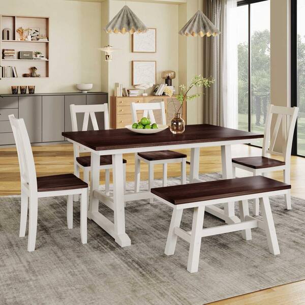 6-Piece Farmhouse White Wood Top Dining Room Set Seats 5