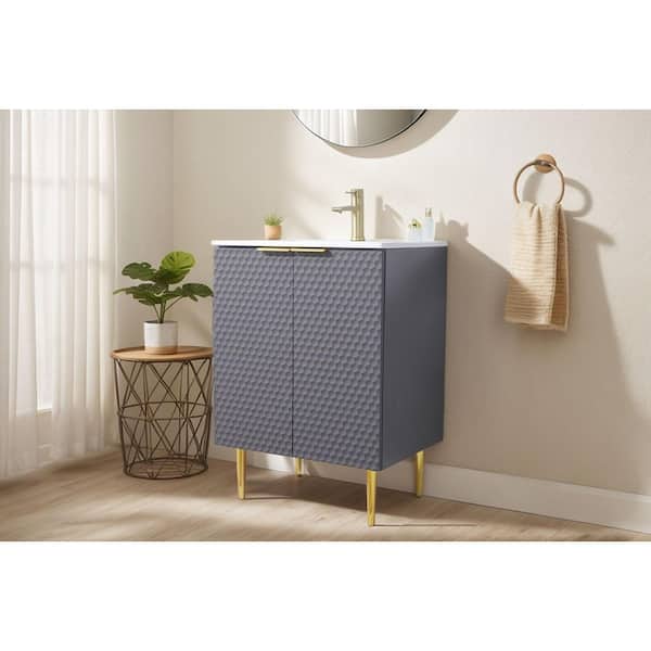 24 in. W Single Bath Vanity in Gray with White Ceramic Top Unassembled