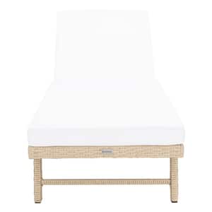 Joella Beige 1-Piece Wicker Outdoor Chaise Lounge Chair with White Cushion