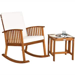 2-Piece Acacia Wood Patio Table Chair Set Outdoor Rocking Chair with White Cushions and End Table