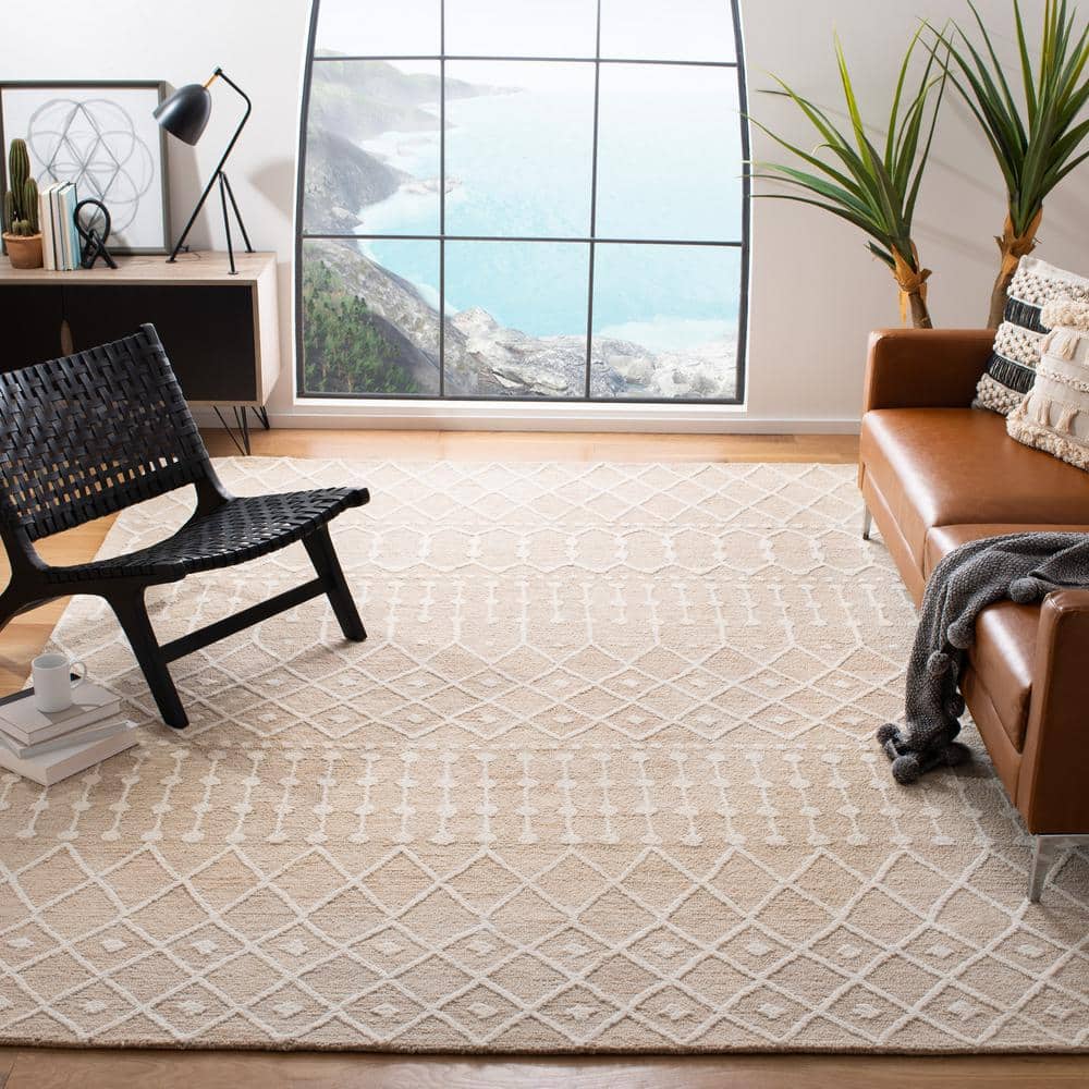 Ivory Square Tufted Wool Handmade Area Rug 62"