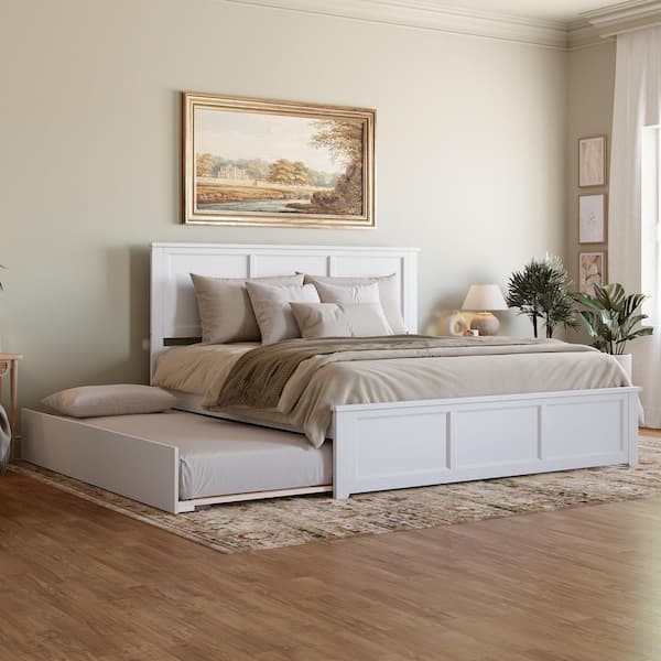 Madison White Solid Wood Frame King Platform Bed with Matching Footboard and Twin XL Trundle