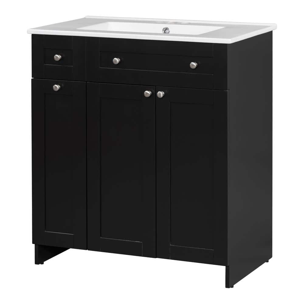 30 in. W x 18 in. D x 34 in. H Freestanding Bath Vanity in Black with White