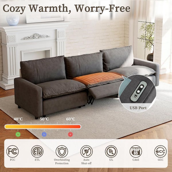 Power Recliner 116 in. Square Arm Linen 5-Piece U-Shaped Modular Sectional Sofa with Heating, Ottoman in Gray