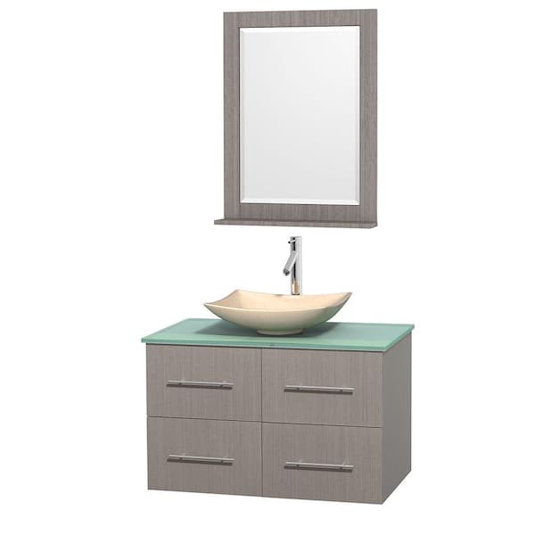 Wyndham Collection Centra 36 in. Vanity in Gray Oak with Glass Vanity Top in Green, Ivory Marble Sink and 24 in. Mirror