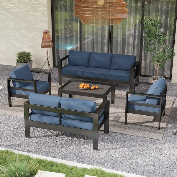 DIGITIME 5-Piece Outdoor Aluminum Patio Conversation Set with Blue Cushions