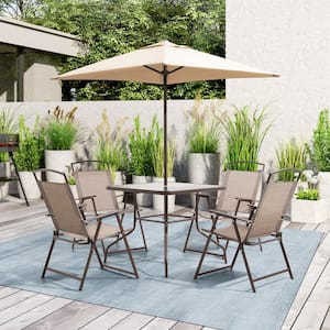6-Piece Metal Square Outdoor Dining Set and Umbrella in Beige