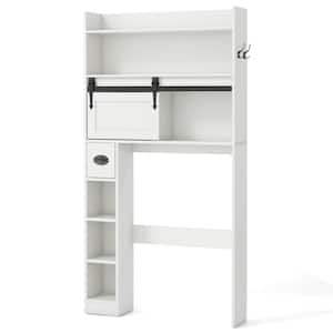 32 in. W x 62 in. H x 7.5 in. D White Over the Toilet Storage with Sliding Barn Door Adjustable Shelves 2 Hooks