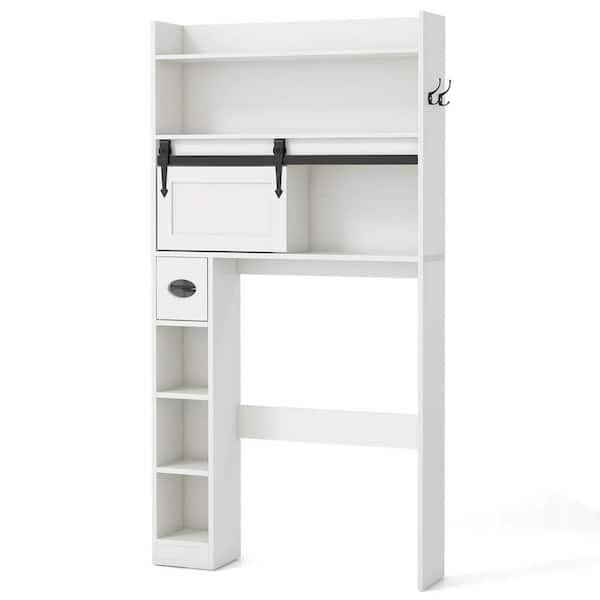 Gymax 32 in. W x 62 in. H x 7.5 in. D White Over the Toilet Storage with Sliding Barn Door Adjustable Shelves 2 Hooks