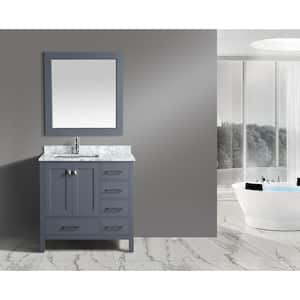 London 36 in. W x 22 in. D Vanity in Gray with Marble Vanity Top in Carrera White with White Basin and Mirror