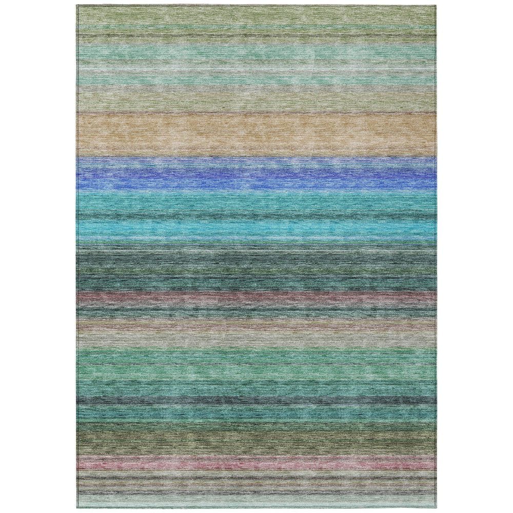 Sage and Blue Striped Synthetic 9' x 12' Washable Rug
