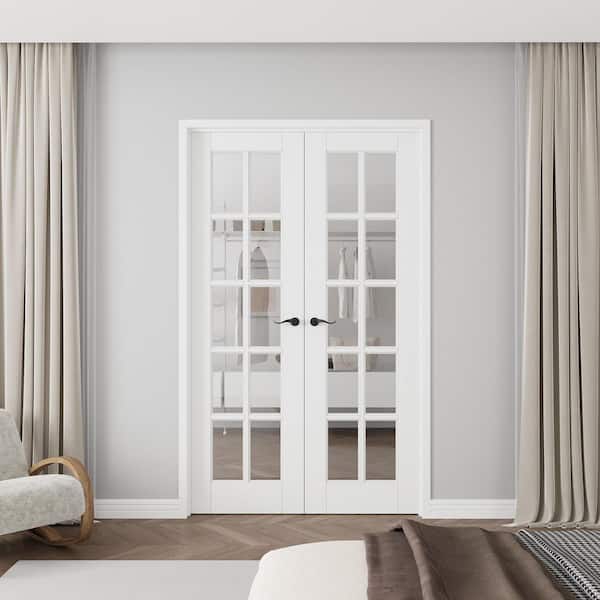 48 in. x 80 in. 10-Lite Clear Glass Universal White Solid Core Glass Double Prehung French Door + Quick Assemble Jamb