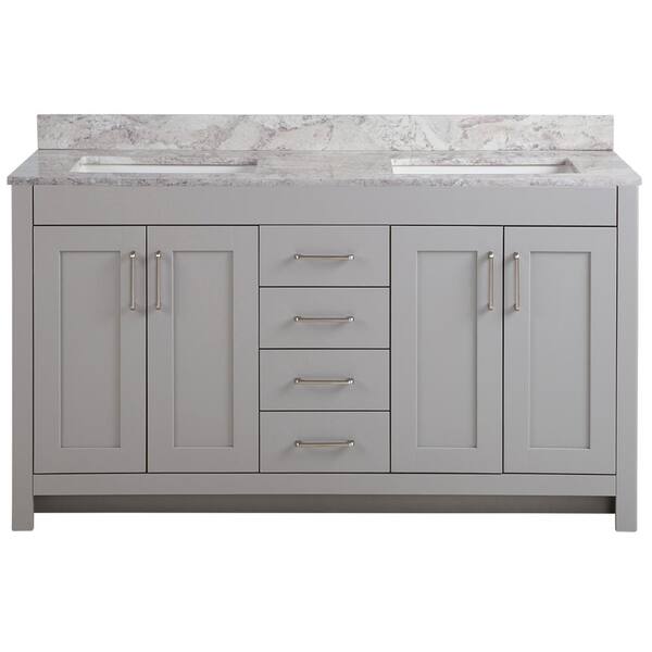 Home Decorators Collection Westcourt 61 in. W x 22 in. D Bath Vanity in Sterling Gray with Stone Effect Vanity Top in Winter Mist with White Sink