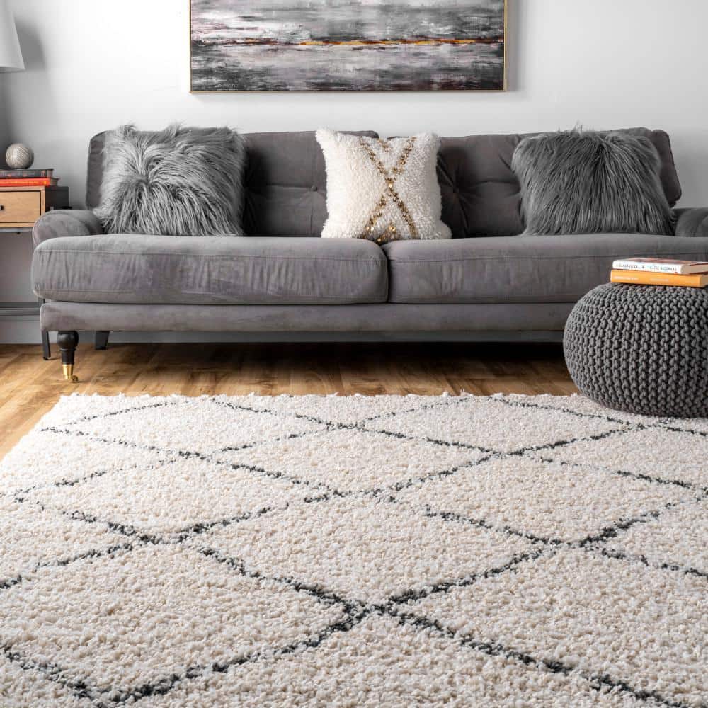Off-White and Black Synthetic Shag Rectangular Area Rug 10' x 14'