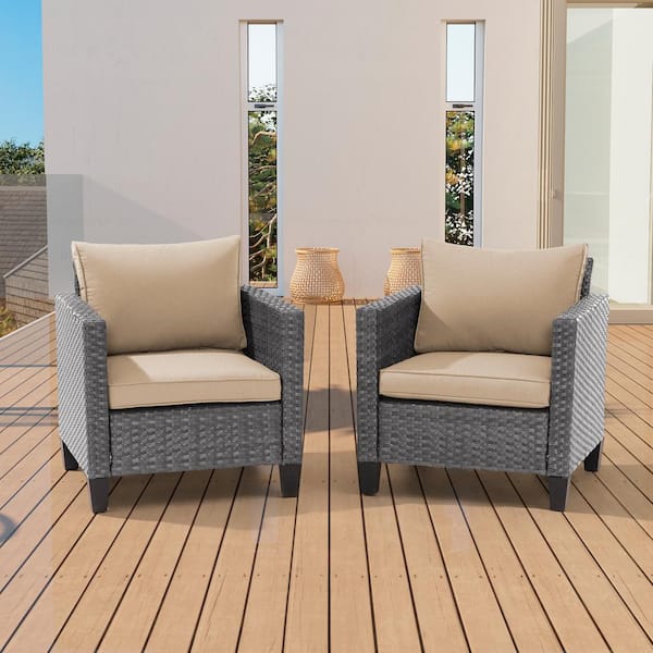 Sonkuki 2-Piece Patio Sofa Gray Wicker Outdoor Single Sofa Set, Linen Flax Beige