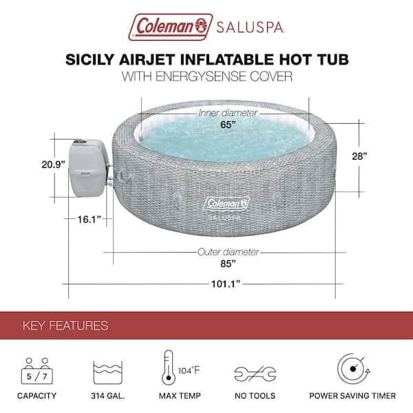 Sicily AirJet, 7-people occupancy, 180 Jets, 120 V, Inflatable Hot Tub with EnergySense Cover, Grey