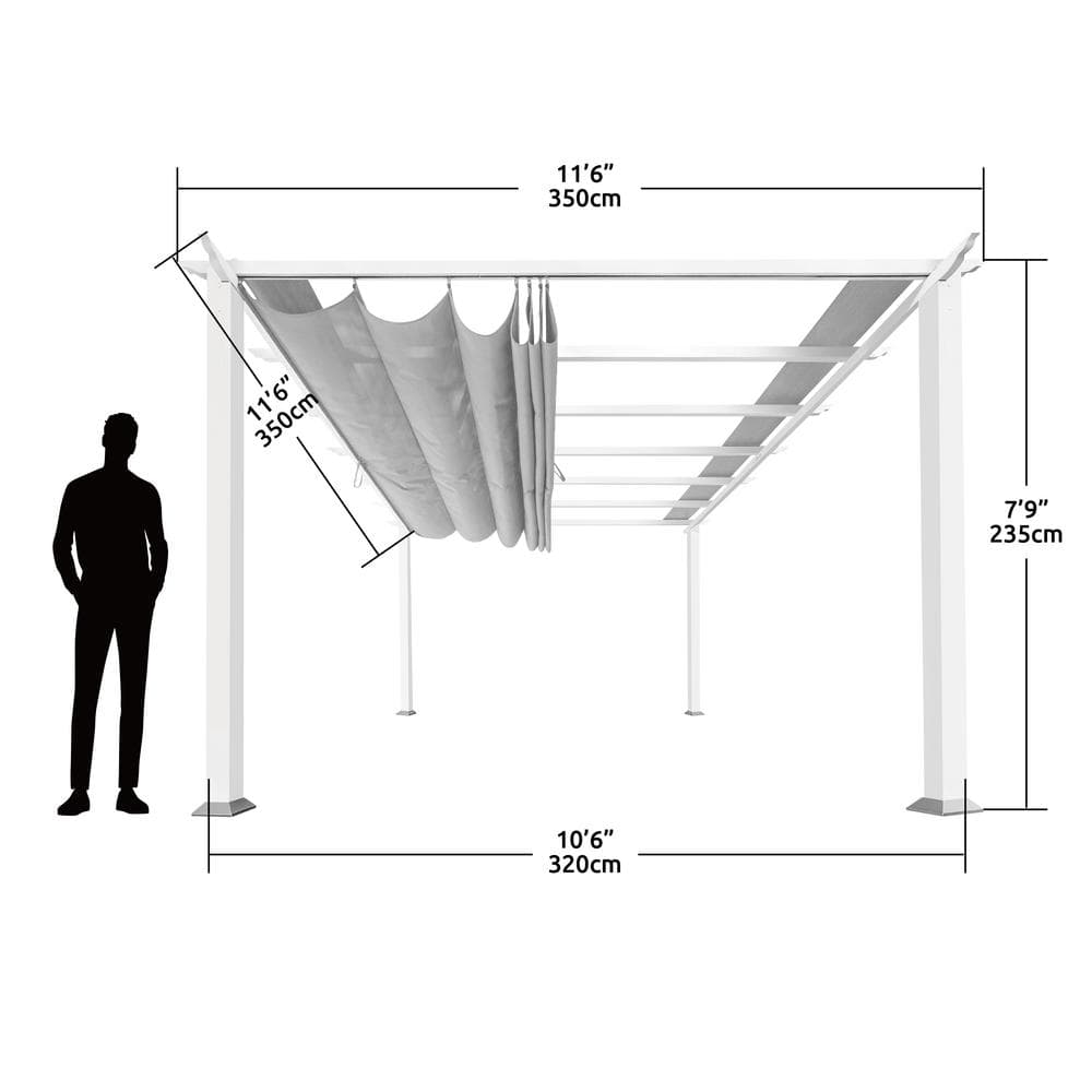White Aluminum Pergola with Adjustable Silver Canopy, 11' x 11'