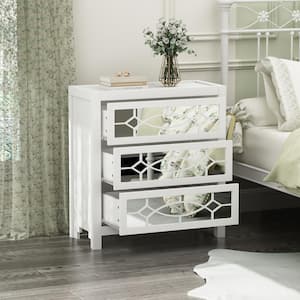 3-Mirrored Drawers White Wood Nightstands Bedside Table With Mirror Finish 11.8 in. D x 26 in. W x 28 in. H