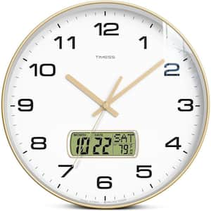 13 in. Gold Analog Non-Ticking Battery Operated with LCD Display for Ideal Modern Home, Bedroom, Kitchen and Office