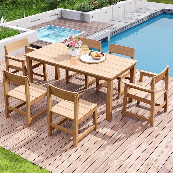 Cedar Ridge 7-Piece Farmhouse Plastic Outdoor Dining Table and Chairs Set in Oak
