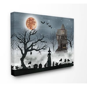16 in. x 20 in."Halloween Witch Silhouette in Full Moon Haunted House Scene" by Artist Grace Popp Canvas Wall Art