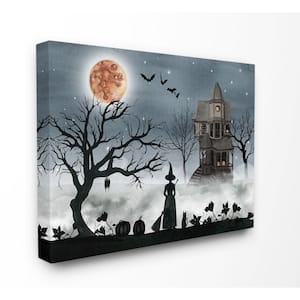 24 in. x 30 in."Halloween Witch Silhouette in Full Moon Haunted House Scene" by Artist Grace Popp Canvas Wall Art