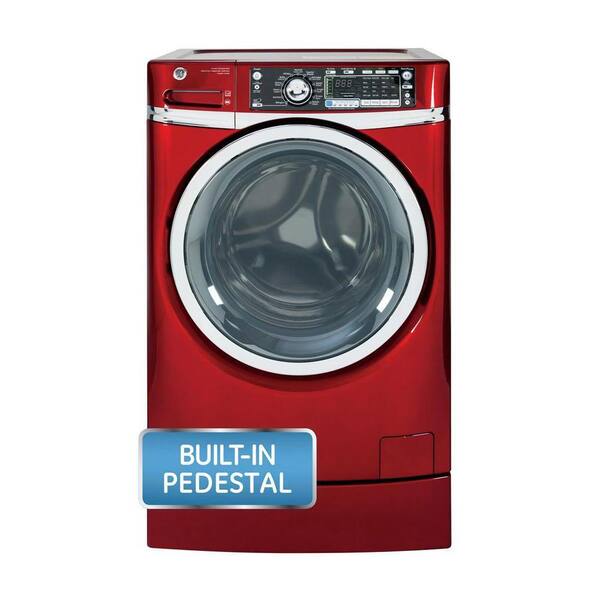 GE 4.8 DOE cu. ft. High-Efficiency Right Height Front Load Washer with Steam in Ruby Red, ENERGY STAR, Pedestal Included