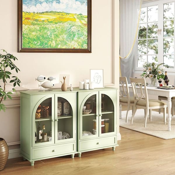 27.95 in. W Green Arched Glass Door Engineered Wood Sideboard with Drawer, Buffet Pantry for Kitchen Living Room