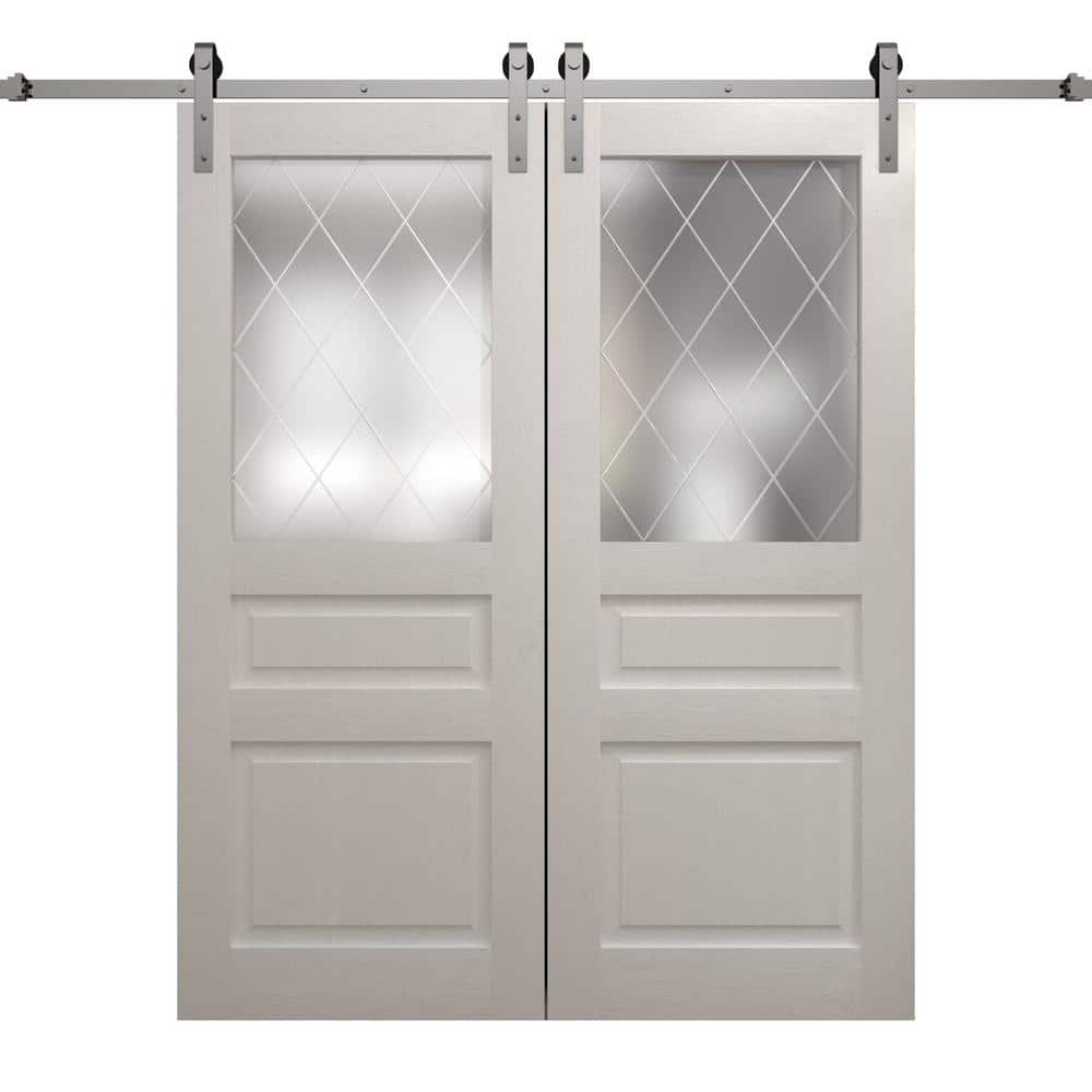 Assemble Required 48 in. x 96 in. Frosted Glass Painted White Oak Solid Wood Double Barn Door Slab With Hardware price history on PriceWatchPro