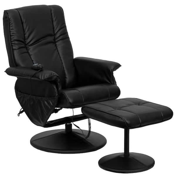 Hall Black Faux Leather Swivel Massaging Heat Controlled Adjustable Recliner and Ottoman with Wrapped Base