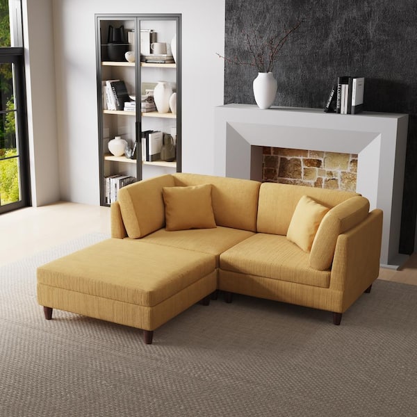 Uixe 80 in. Straight Arm 3-Piece Corduroy Upholstered L-Shaped Sectional Sofa in Orange