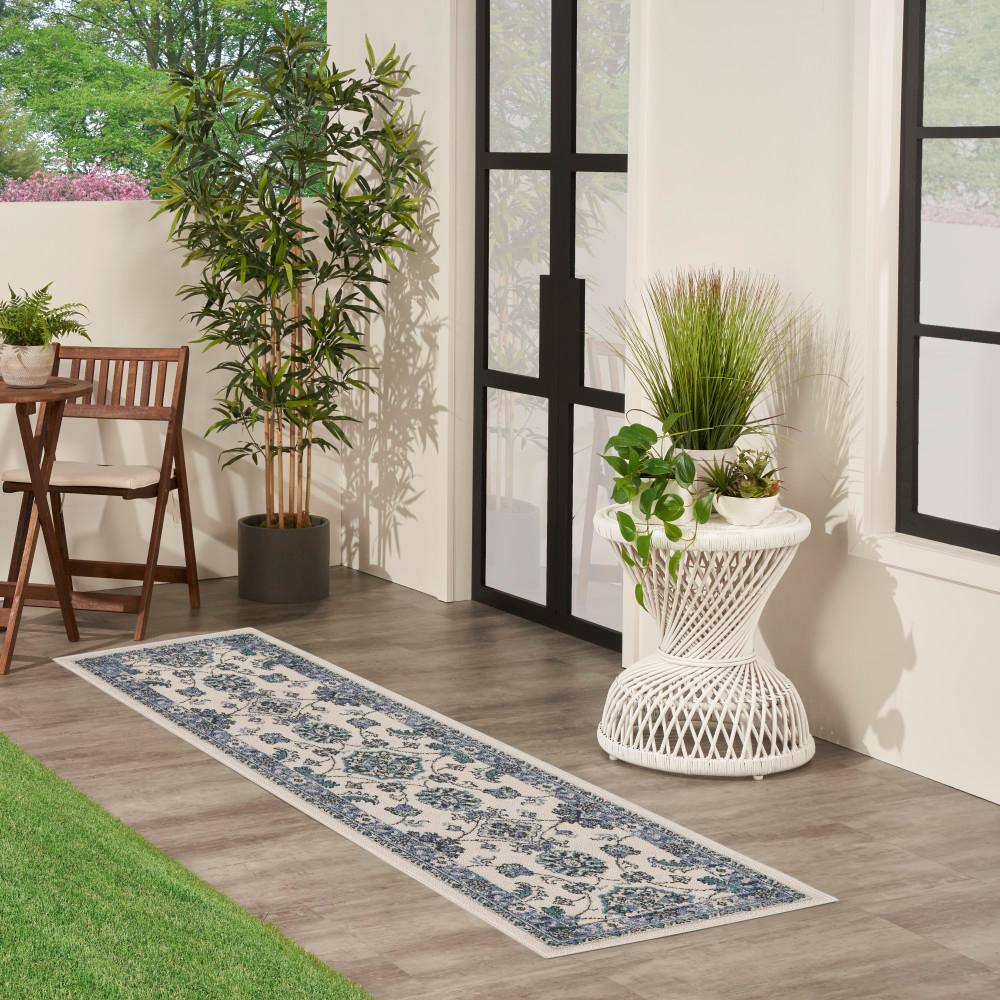 Ivory Blue Synthetic Runner Rug with Traditional Floral Pattern