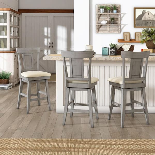 24 in. H Antique Grey Panel Back Swivel Chair with Beige Linen Seat