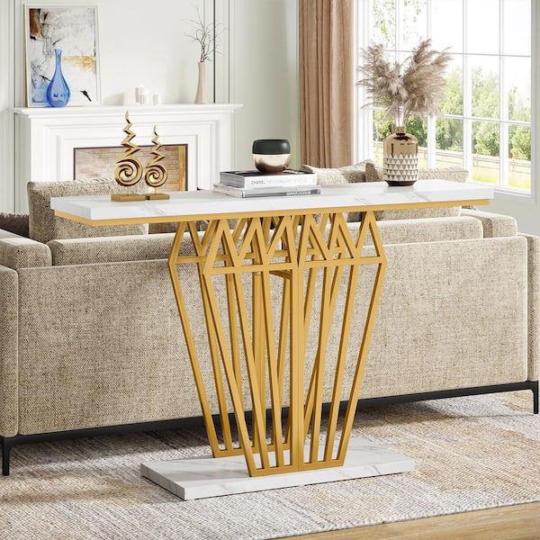 BYBLIGHT Turrella 47.24 in. Gold and White Rectangle MDF Console Table Entryway Table with LED Lights and Geometric Base
