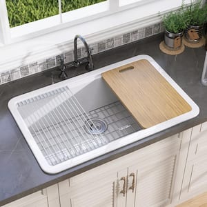 33 in. Drop-In/Undermount Single Bowl White Fireclay Farmhouse Kitchen Sink with Cutting Board Bottom Grids and Strainer