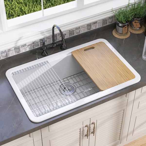 Getpro 33 in. Drop-In/Undermount Workstation Single Bowl White Fireclay Kitchen Sink with Cutting Board, Bottom Grid, Strainer