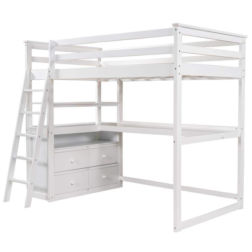 Angel Sar White Wood Twin Size Loft Bed with Desk and Shelves, Cabinet ...