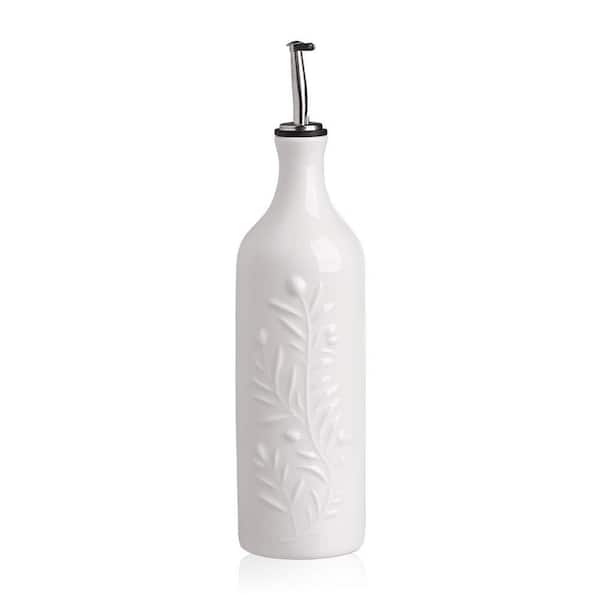 Ceramic White Olive Oil Dispenser Bottle Modern Relief Design Dishwasher Safe Opaque 24 oz. Bottle