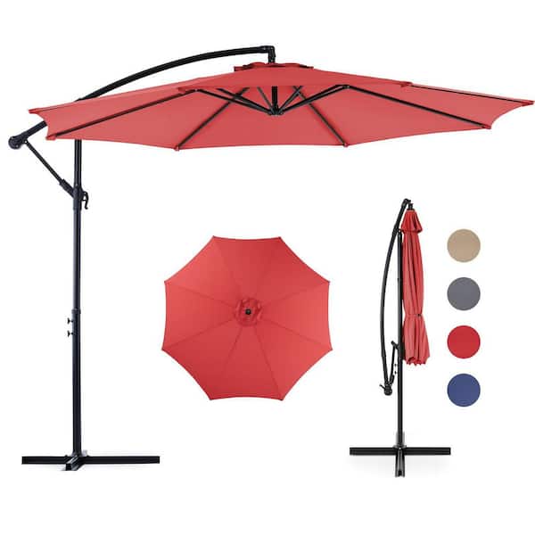 9.8 ft. Steel Offset Hanging Cantilever Easy Tilt Adjustment Patio Umbrella with 8 Ribs in Red for Backyard, Lawn