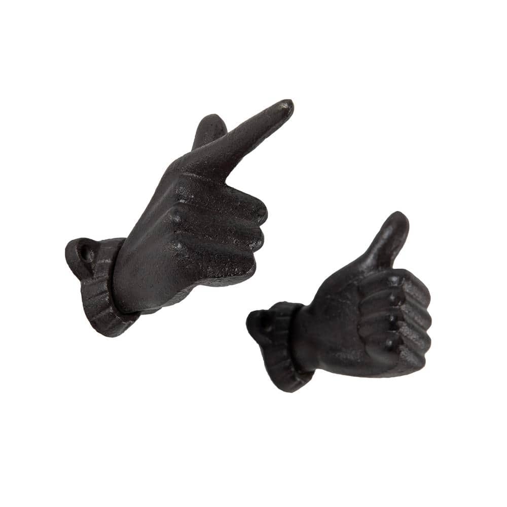 Dark Brown Cast Iron Thumbs Up and Pointing Finger Wall Hook Set