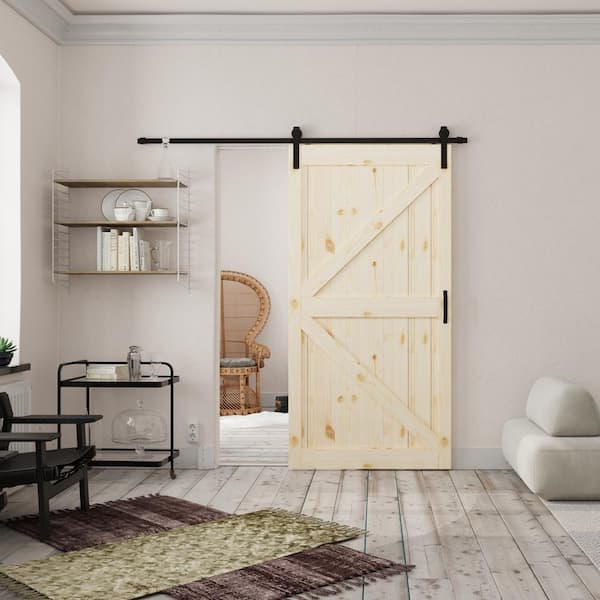 42 in. x 84 in. K-Frame, Pine Wood Unfinished, Barn Door Slab with Barn Door Hardware
