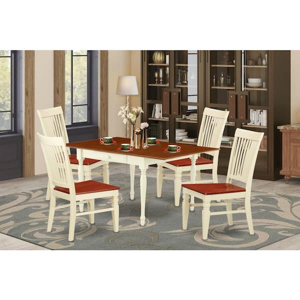 East West Furniture 5-Piece Buttermilk and Cherry Solid Wood Top - Dining Room Set with Dropleaf (Seats-4)