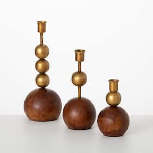 10.25 in. 7.75 in. and 5.5 in. Gold and Wood Orb Candle Holders (Set of 3)