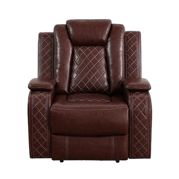 Luxury Brown Breathable Leather Recliner Chair, Home Living Room Accent Chair with LED Light and Armrest Storage