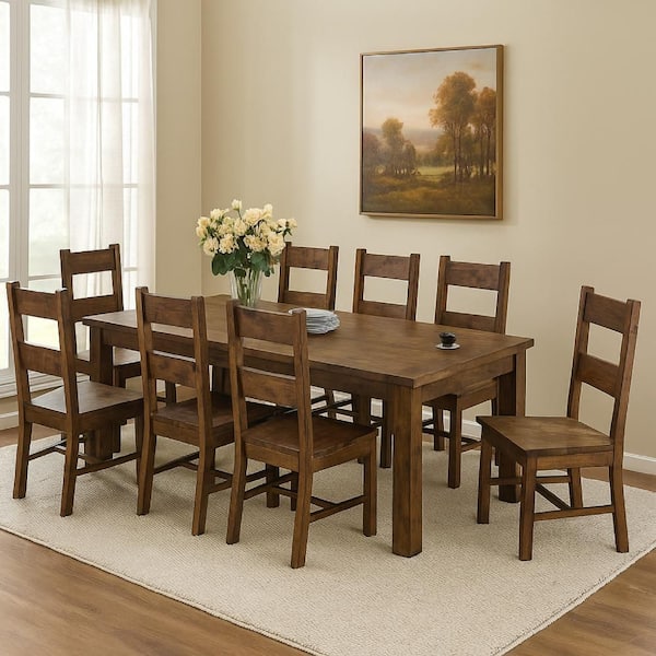 Caly Piece 9 Golden Brown Rectangle Wood Top Dining Table Set